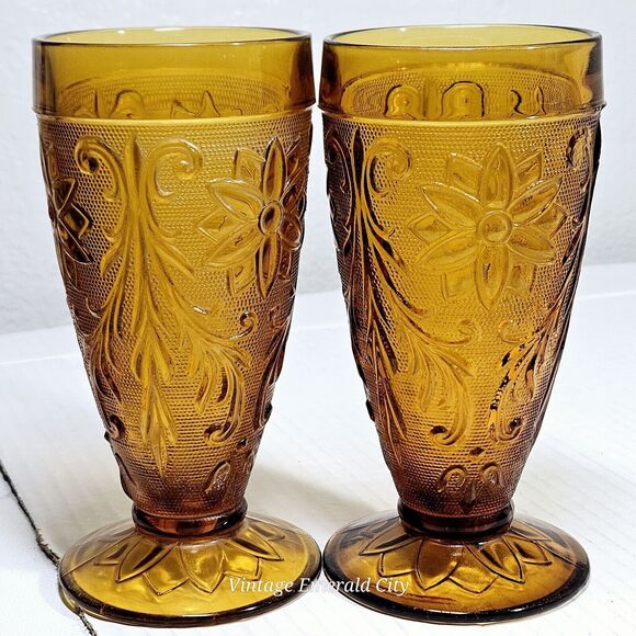 Vtg Indiana Sandwich Tiara Honey Amber Water Juice Glass Goblet Set Of 2 READ - Picture 2 of 14